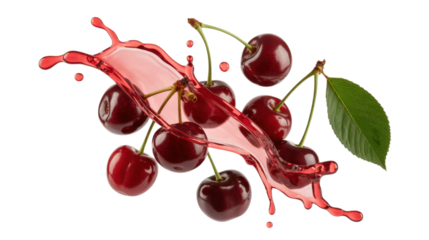 Cherries and Red Liquid Splash Creating Dynamic Composition on Neutral Background