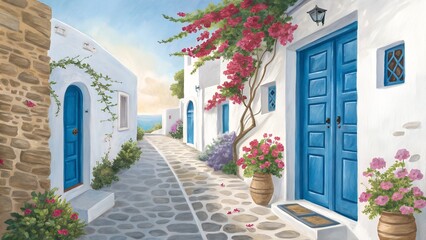 Naklejka premium Charming Greek Street Scene with White Buildings and Blue Doors on a Sunny Day