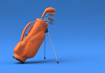 Orange Golf Bag with Clubs Standing on Blue Background Professional Golfing Equipment for Tournaments and Recreational Play