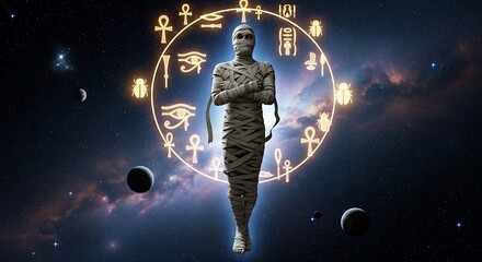 A mummy standing in space with egyptian symbols around it, creating a mystical and otherworldly atmosphere, with planets and stars in the background