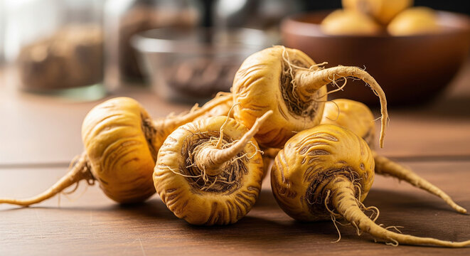 Close-up of fresh yellow maca roots on wooden table &mdash; organic superfood