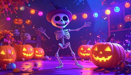 Playful cartoon skeleton dancing with pumpkins, colorful Halloween children’s illustration. Friendly and fun festive design perfect for kids and seasonal celebrations.