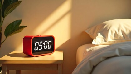Digital alarm clock glows 500 AM on bedside table bathed in warm morning sunlight next to cozy bed