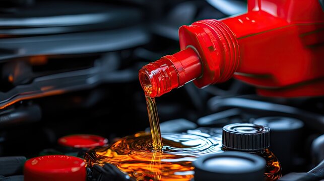 Pouring engine oil car maintenance
