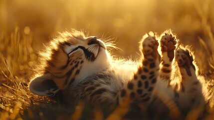 Cute Baby Cheetah Relaxing in Sunlight on Grass in Nature