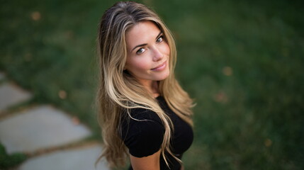 Naklejka premium Blonde woman with long straight hair wearing black outfit outdoors