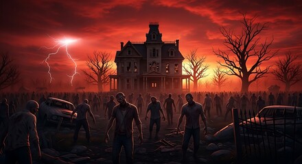A spooky halloween night with a haunted house, zombies, and lightning strikes creating a terrifying and eerie atmosphere for a thrilling experience