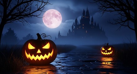 A chilling halloween night scene with glowing jackolanterns, a spooky castle, and a full moon casting an eerie glow over the landscape
