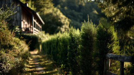 Green fences and metal barriers covered with plants. Eco urban design, natural privacy, and sustainable boundaries.