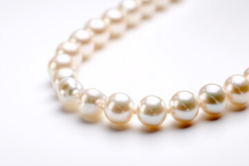 Obraz premium A string of white pearls arranged in a curved line with a glossy surface. Isolated on white background, highlighting the smooth luster, elegant round shape, and classic jewelry detail. 