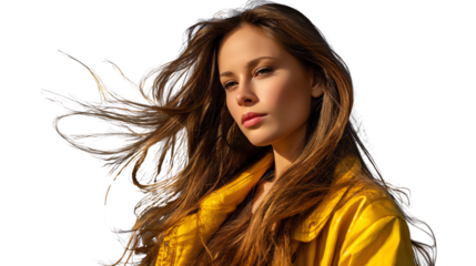 Element Isolated Transparent Woman in yellow jacket with flowing hair PNG DIE-CUT for advertising