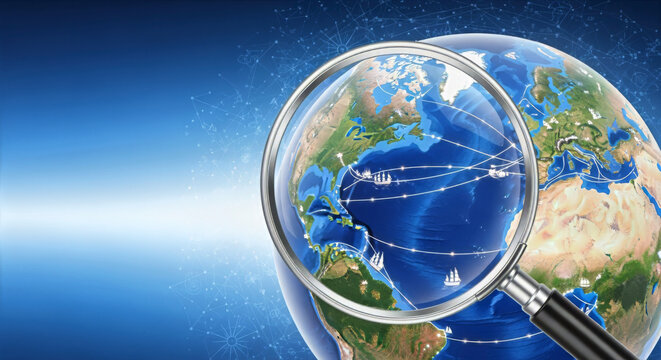 A magnifying glass focusing on europe on a globe with interconnected lines against a blue background