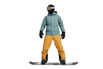 A high quality photograph of a single masked snowboarder isolated on a transparant or white background