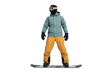 A high quality photograph of a single masked snowboarder isolated on a transparant or white background
