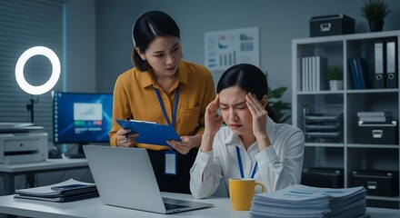 Stressed Asian businesswoman with a headache being questioned by a colleague
