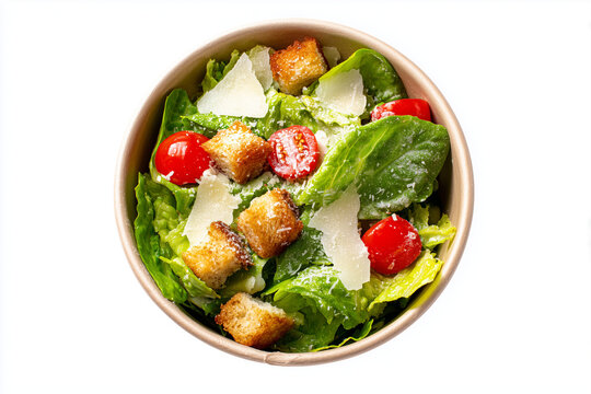 A Caesar salad bowl with romaine lettuce, cherry tomatoes, croutons, and parmesan shavings. Isolated on white background, highlighting the crisp greens, creamy dressing, and rustic toppings.
