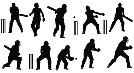 various cricket player actions captured in silhouette