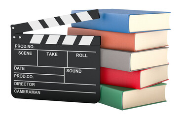 Book to movie adaptation, concept. Film clapperboard and stack of books. 3D rendering