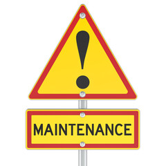 Maintenance road sign, yellow triangle with exclamation mark and text. 3D rendering
