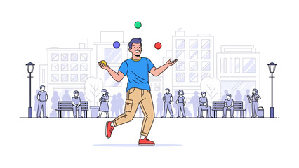 Urban Juggler's Performance: An engaging vector illustration portrays a talented juggler artist entertaining the town with precise movements, capturing the essence of skill and showmanship.