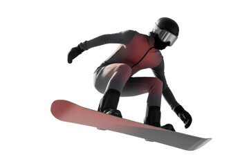 A high quality photograph of a single masked snowboarder isolated on a transparant or white background