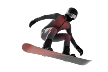 A high quality photograph of a single masked snowboarder isolated on a transparant or white background