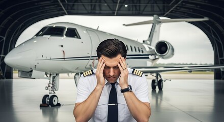 Stressed Pilot Experiencing Headache in Front of Private Jet