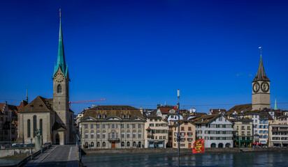 Fototapeta premium Cityscape of Zurich, Switzerland, at dus over the Limmat River in Altstadt