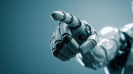 White metal android cyborg robot's hand pointing a finger toward the camera. Copy space for text. 