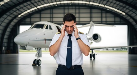 Stressed Pilot with Headache Standing in Hangar Near Private Jet