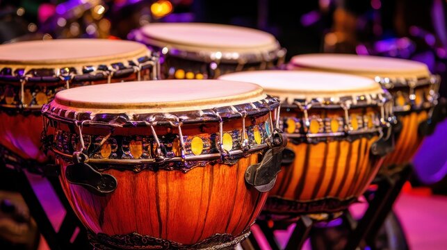 Colorful Drums in a Vibrant Performance Setting with Musical Elements