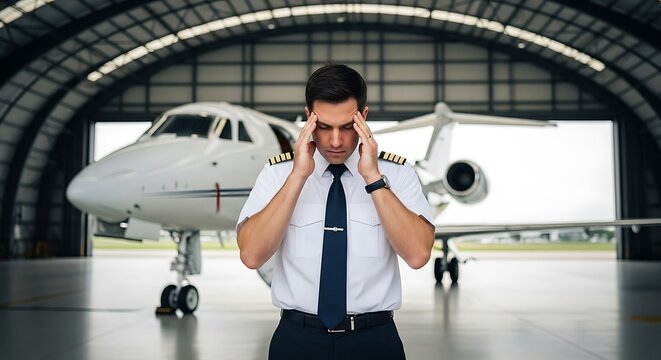 Stressed Pilot with Headache Standing in Hangar Near Private Jet