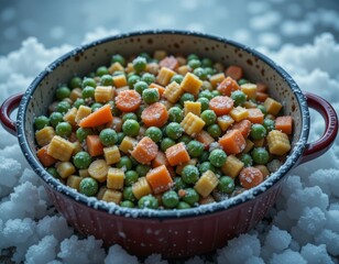 Vibrant mixed frozen vegetables in a rustic bowl dusted with frost, perfect for healthy winter meals