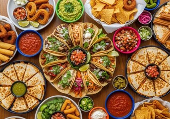 Abundant mexican feast with tacos quesadillas and dips