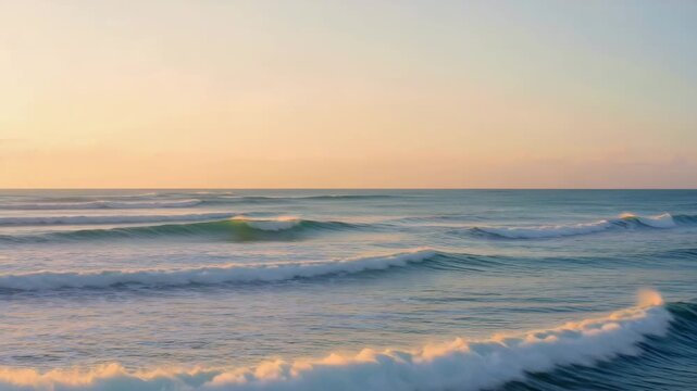 Minimalist tranquil blue sea slow-motion waves, soft pastel skyline gradient peach to pale blue, clean horizon line, meditative calming aesthetic, cinematic minimal zen ultra-smooth loop, 4K animation