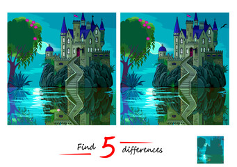 Find 5 differences. Logic puzzle game for children and adults. Drawing of a landscape with a castle and a lake at night. Page for kids brain teaser book. Hand drawn vector Illustration.