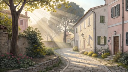Fototapeta premium Sunlit cobblestone street in a charming Italian village
