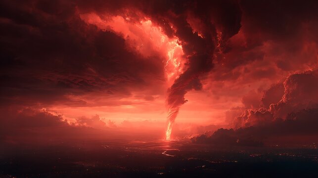 Fiery tornado descends from hellish sky over city