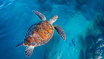 Fototapeta premium aerial view of sea turtle swimming on blue ocean