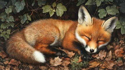 Fototapeta premium Sleeping Fox Nestled in Autumn Leaves Among Green Vines and Foliage