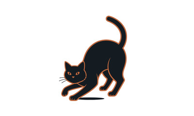 Stylized black cat with an arched back and a thin reddish outline in a playful, stretching pose.