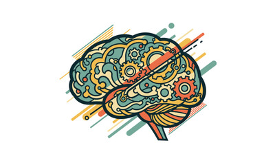 Stylized Brain Illustration with Gears and Intricate Patterns, Colorful Design.