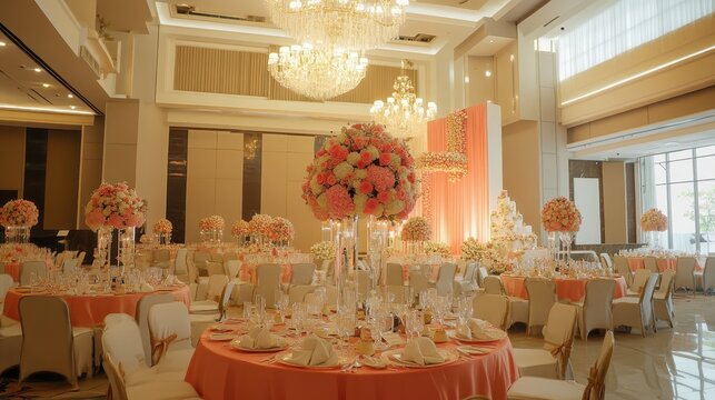Elegant Wedding Reception with Floral Arrangements and Chandeliers - Powered by Adobe