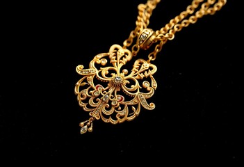 Fototapeta premium Intricate gold necklace, shimmering on black velvet, fashion, simple
