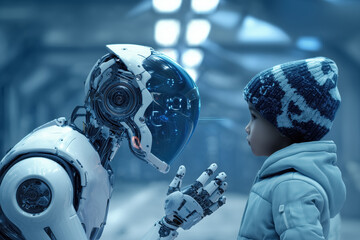 Android humanoid robot talking to a child. Concept of human - AI artificial intelligence technology interaction. 