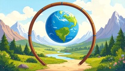 Earth suspended in a wooden hoop over a tranquil landscape