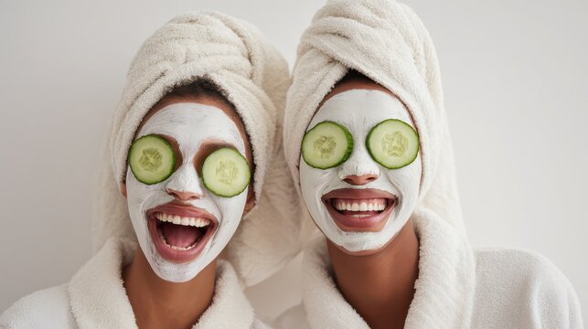 Two Women Enjoying a Spa Day with Cucumber Facial Masks. - Powered by Adobe