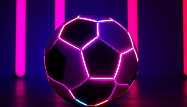 Neon-lit soccer ball glows vibrantly in dark studio,  luminescence,  design