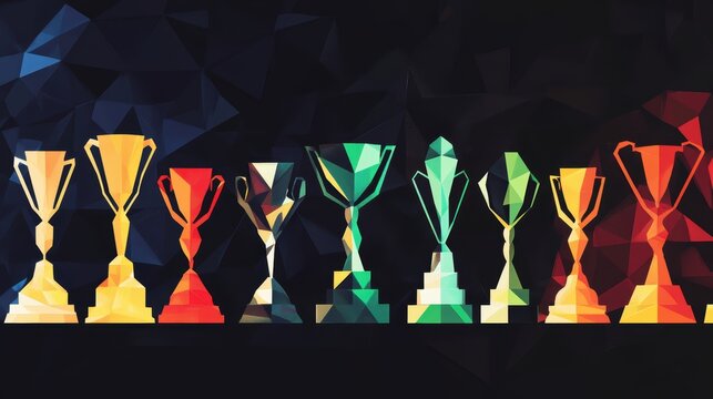 Colorful Geometric Trophies Rows Against Dark Background