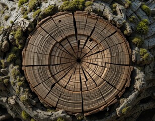 Wooden tree stump with moss rings showing growth and nature's cycle in textured bark